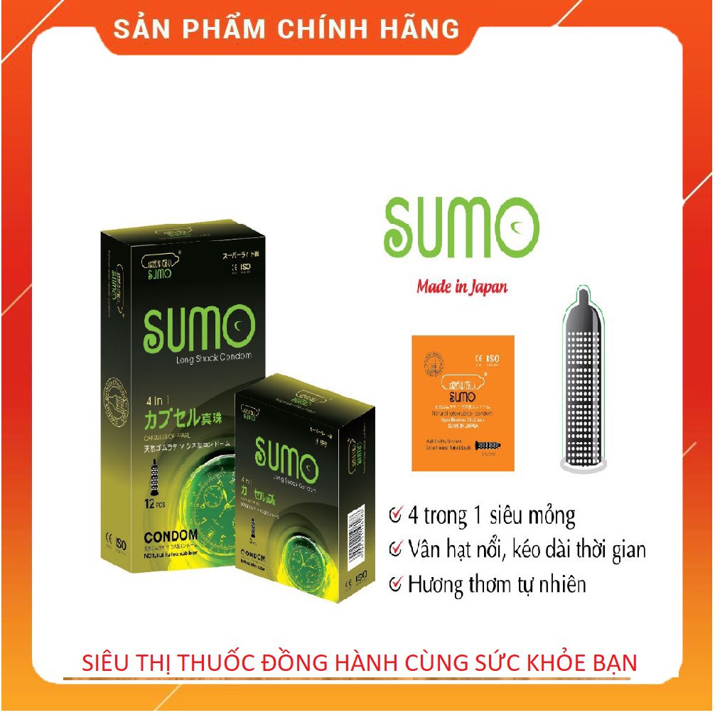 Bao cao su kéo dài thời gian SUMO 4 IN 1 NHẬT BẢN Gân gai kéo dài Hộp 12 chiếc, giao hàng nhanh, kín đáo (CHÍNH HÃNG)