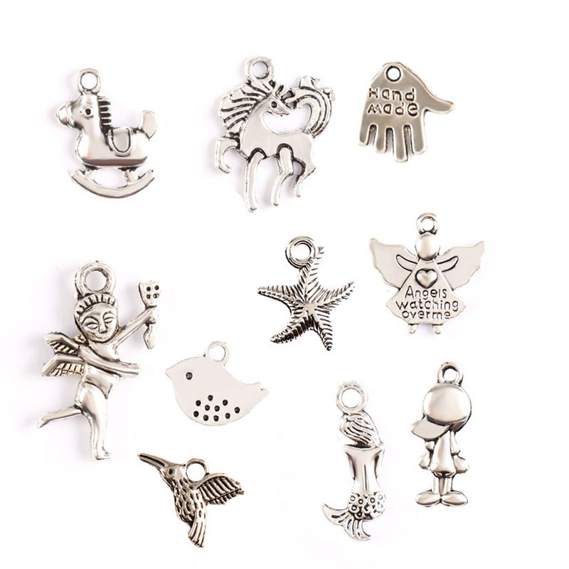 Bộ 100 mặt dây chuyền hợp kim màu bạc kiểu dáng khác nhau