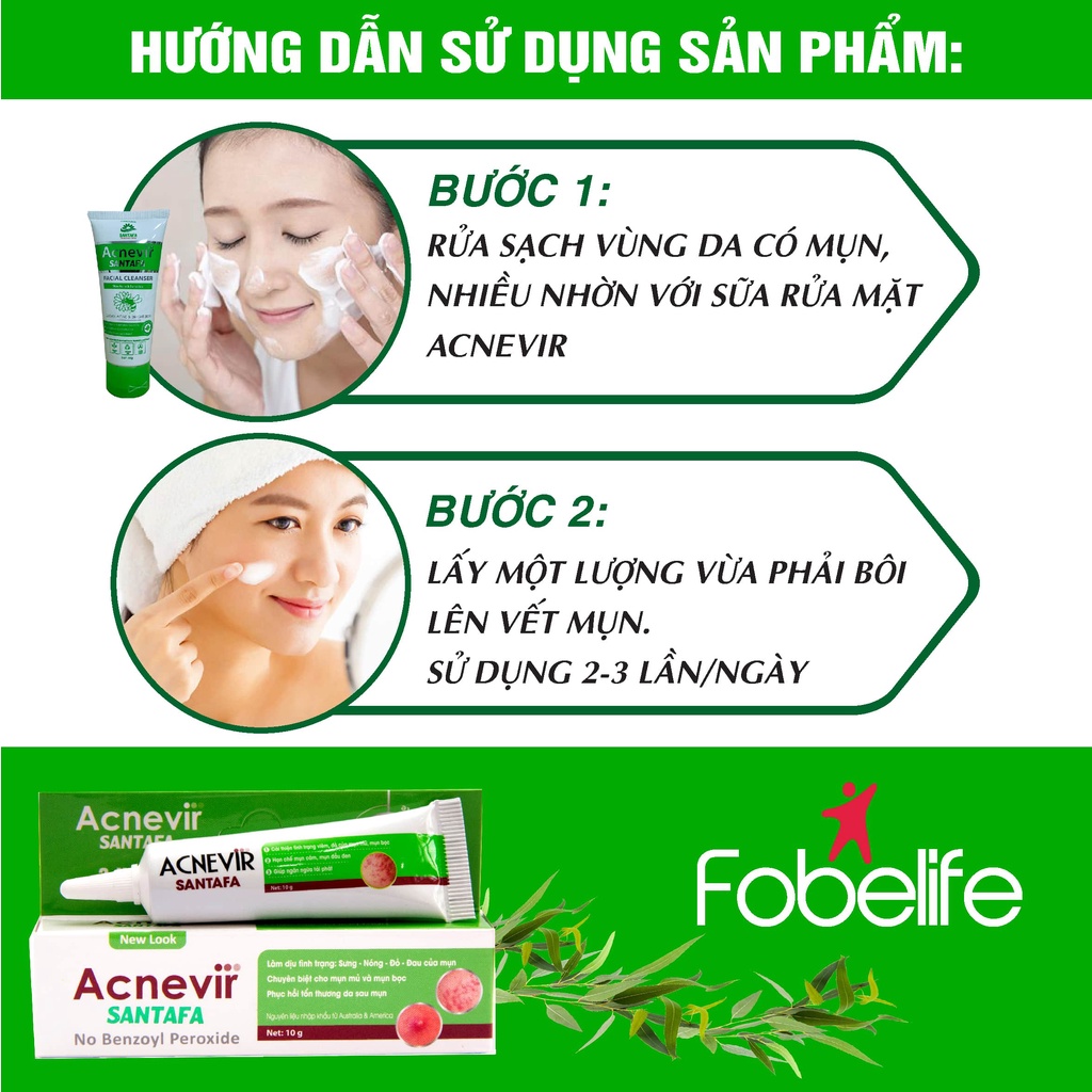 Combo 3 Tuýp Kem Giảm Mụn Mủ, Mụn Bọc, Mụn Trứng Cá Acnevir Santafa Fobe tuýp 10gr