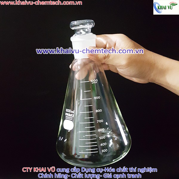 [HÃNG IWAKI - NHẬT] Bình tam giác Erlenmeyer thủy tinh chịu nhiệt 500ml 1000ml CÓ NÚT NHÁM KÈM