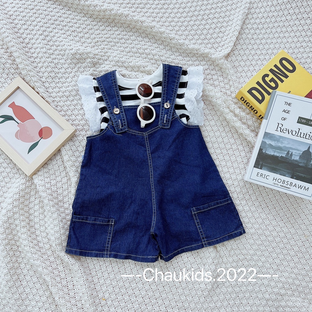 Quần yếm kèm áo thun bé gái, quần yếm bò áo kẻ tay hến bèo ren dễ thương cho bé