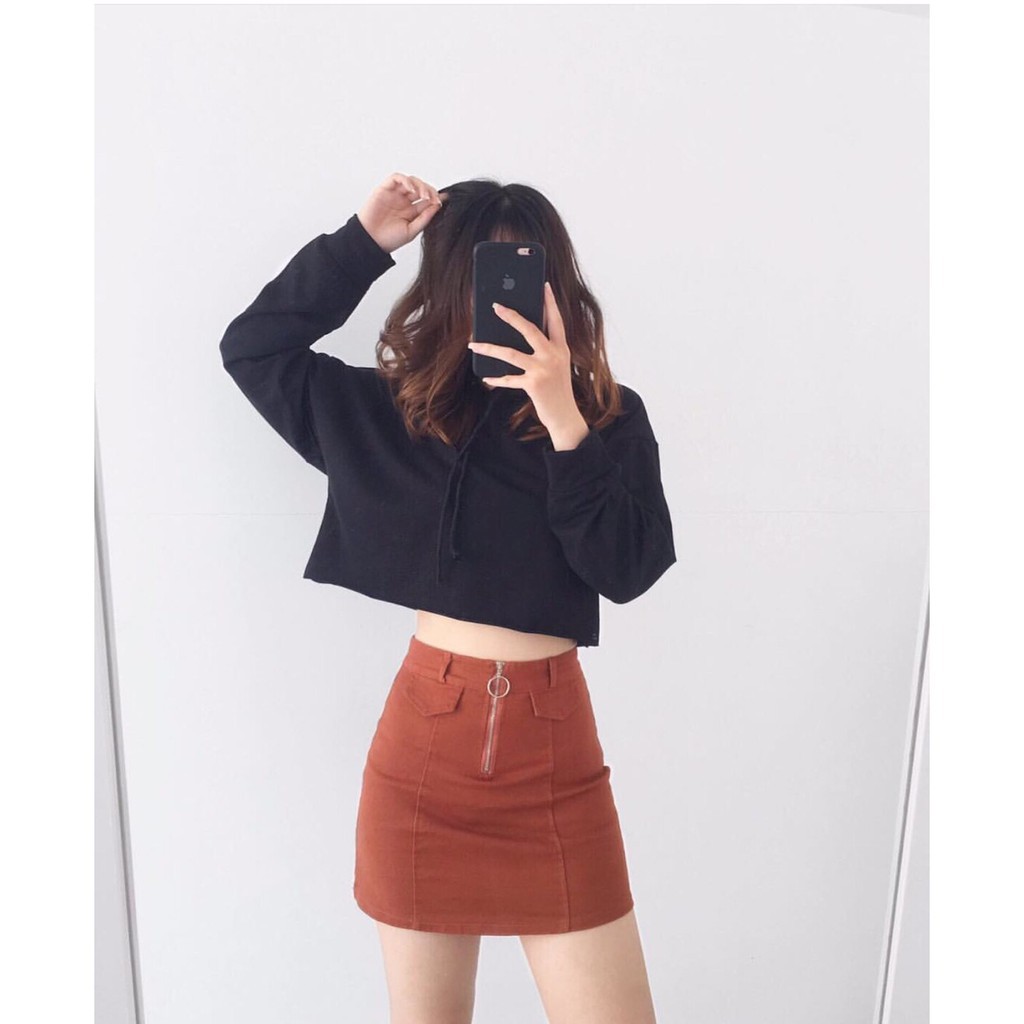 ÁO THUN CROPTOP TRƠN CÓ NÓN FORM RỘNG TAY DÀI ULZZANG - ÁO NHÓM CROP HOODIE BASIC 1  ྇