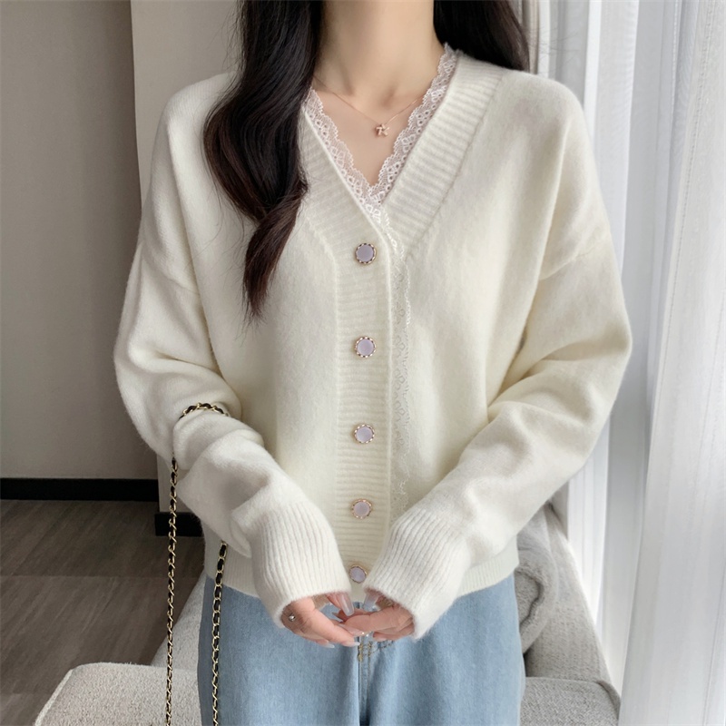 Áo Khoác cardigan Dệt Kim Cổ Chữ V Phối Ren Thời Trang Thu Đông Hàng Mới 2022