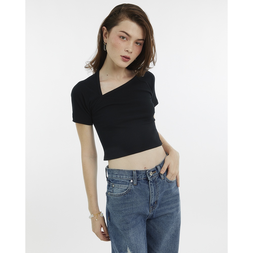 TheBlueTshirt - Áo Croptop Nữ Màu Đen - Neckline - Black Cutout Rib Cotton Top