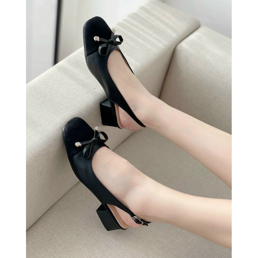 Sandal bít mũi vuông nơ chuông dẹp gót trụ thấp - 3P
