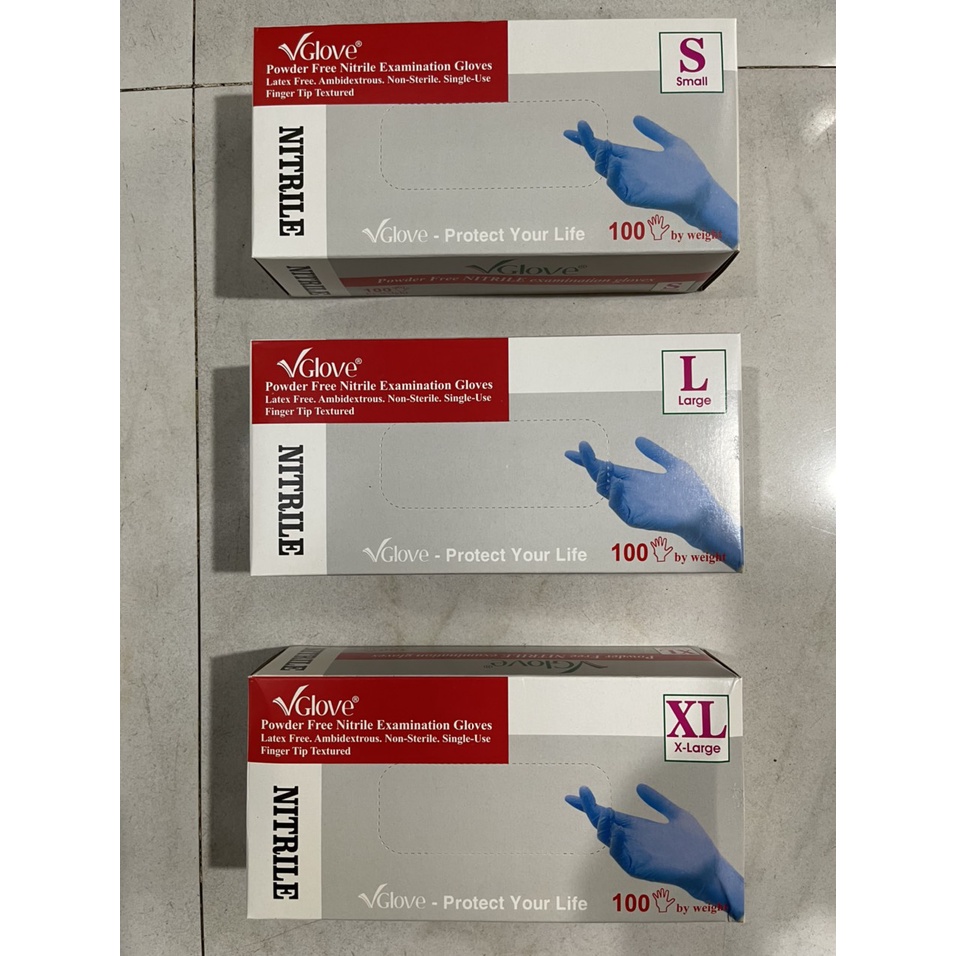 Găng tay y tế khám bệnh Nitrile Vglove màu xanh, size S L XL