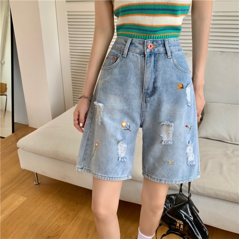 Quần Short Denim Lưng Cao Ống Rộng Plus Size Phong Cách Hàn Quốc Cho Nữ