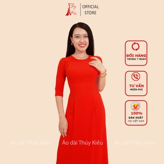 Áo dài trơn lụa Nhật cổ tròn màu đỏ cam AK29