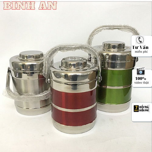 Cặp lồng giữ nhiệt ,hộp ủ cơm 3 tầng ruột 2 lớp inox miêng 20cm dung tích 1.4l giữ nhiệt 8 tiếng -Bình An