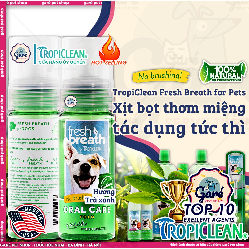 Xịt bọt khử mùi hôi tức thì & ngừa mảng bám cao răng cho Chó & Mèo - TropiClean Fresh Breath Oral Care Foam