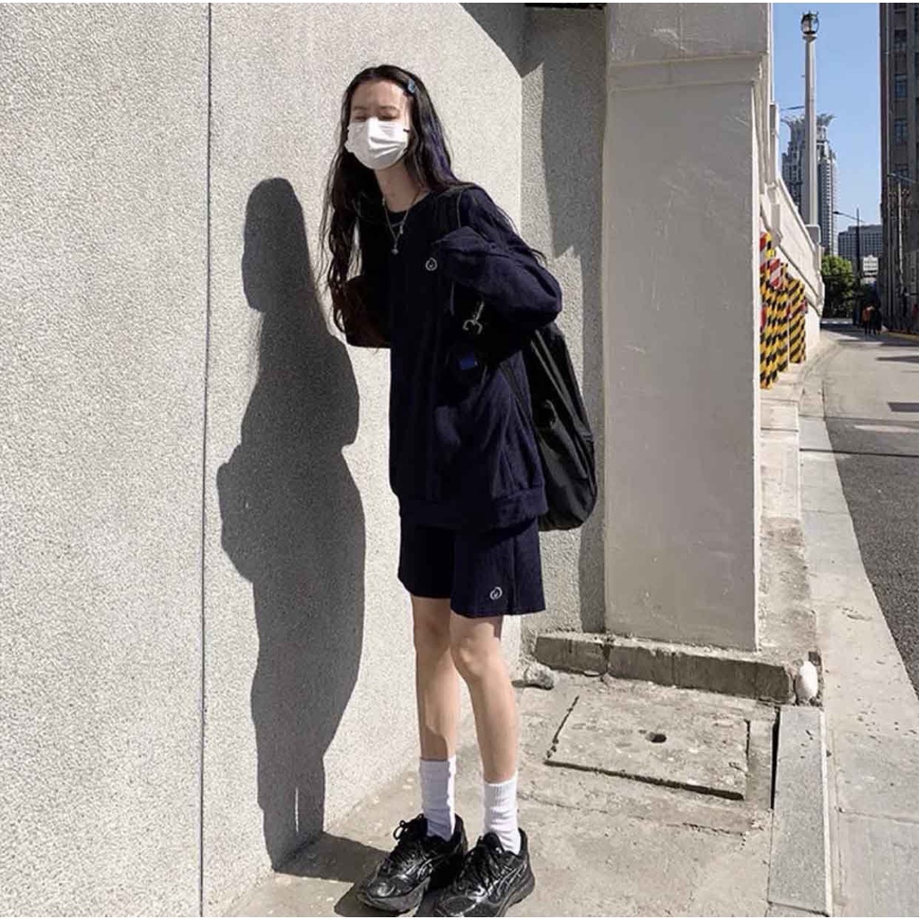 Bộ Tổ Ong Dài Tay Thêu Mặt Cười PEONYB Unisex [FREESHIP] Set quần sooc kèm áo thun dài tay form rộng kiểu dáng hàn quốc