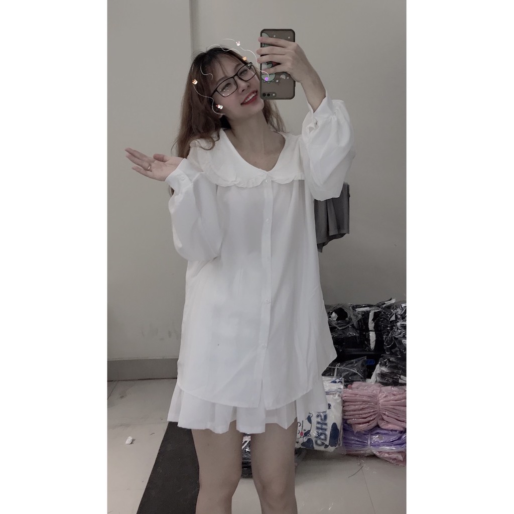 sét áo sơ mi cổ bèo form rộng trắng + chân váy xếp ly ngắn trắng ( kèm video/ảnh thật) Xưởng Sỉ Nguyễn Hoa