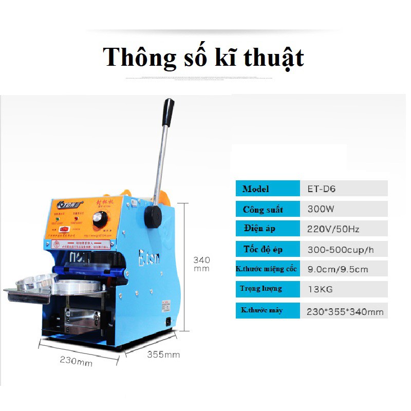 Máy Ép Miệng Ly Eton D6 Cốc Trà Sữa Hoa Quả Sinh Tố Nước Sâm Cà Phê Cốc 300-400-500Ml