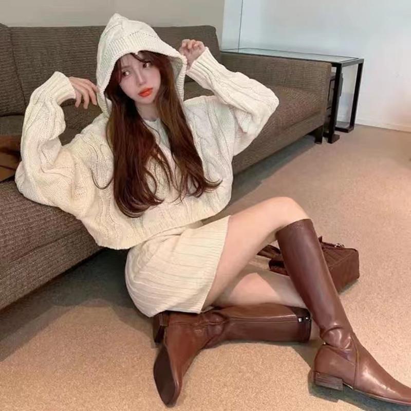 Bộ Áo Sweater Dệt Kim Có Mũ Trùm + Chân Váy Eo Cao Co Giãn Tốt Kiểu Vintage Phương Tây Thời Trang 2022