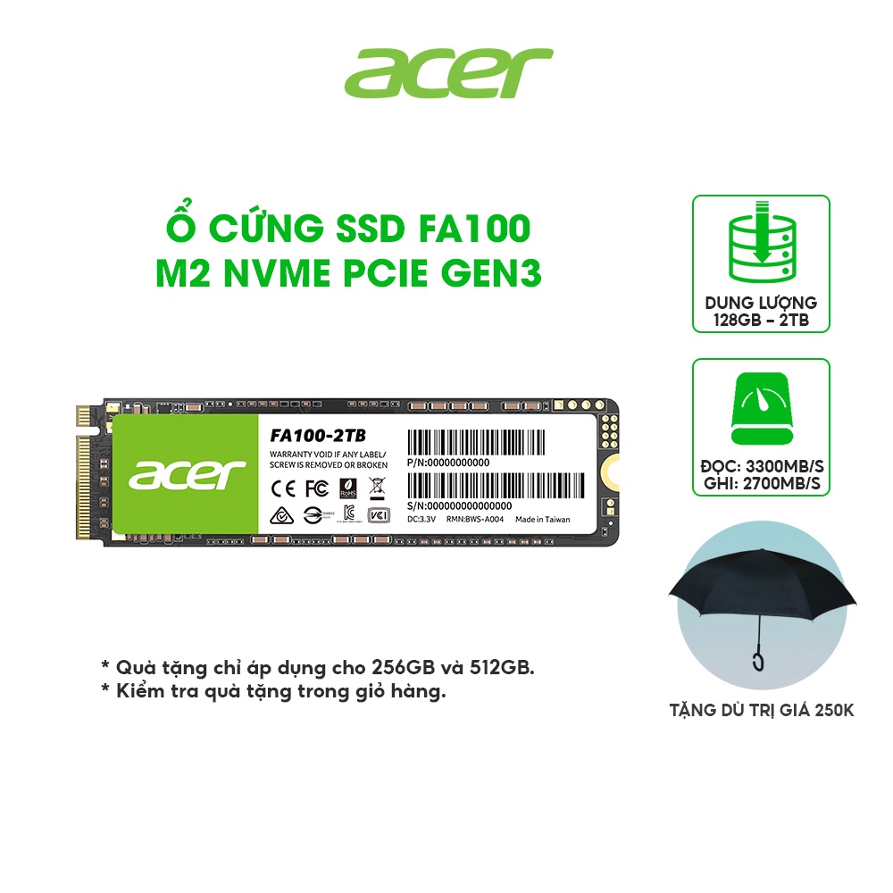 Ổ cứng SSD Acer FA100 M2 NVMe PCIe Gen3 tốc độ tối đa 3300MB/s dung lượng 128GB/256GB/512GB chính hãng