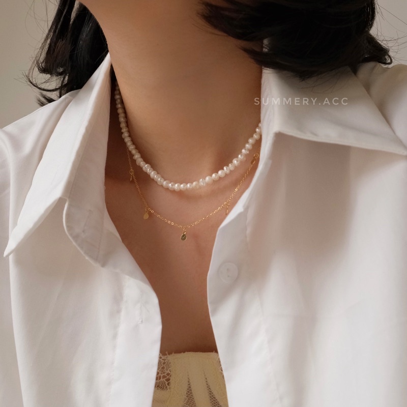 Vòng cổ ngọc SUMMERY chocker ngọc chốt bông hoa bạc 925 dây chuyền S925