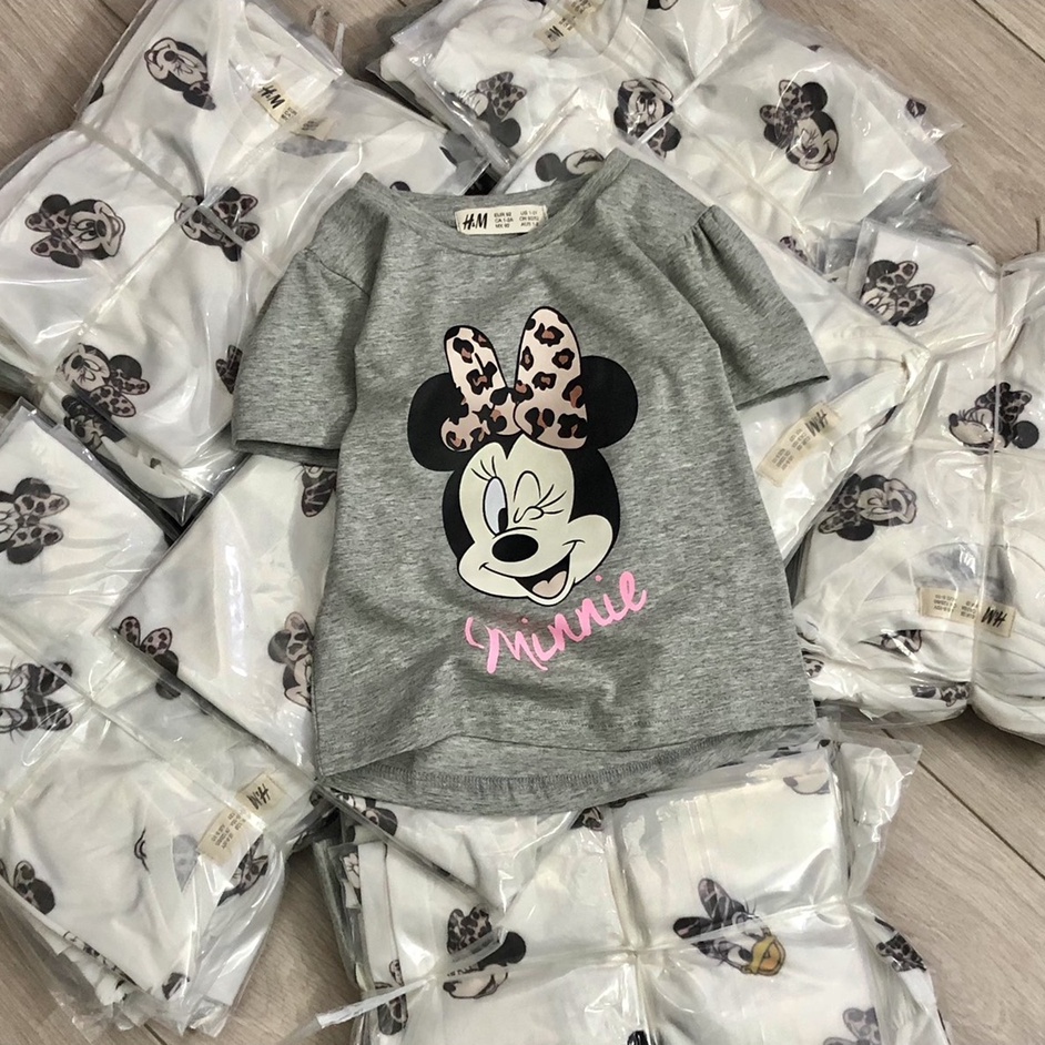 [Rẻ Vô Địch] Áo thun cộc tay bé gái - Set 2 áo cộc tay Hm Minnie ghi trắng chất cotton cho bé gái size 2-10t