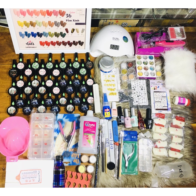 SÉT DỤNG CỤ NAIL COMBO CAO CẤP SKINNAIL - tặng kèm bảng màu thảm lông - được chọn màu sơn trong sét có 36 sơn đầy ú ụ đồ