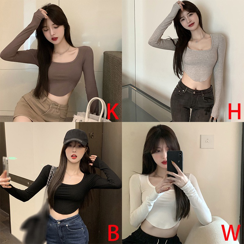 Áo crop top tay dài màu sắc thời trang quyến rũ cho nữ