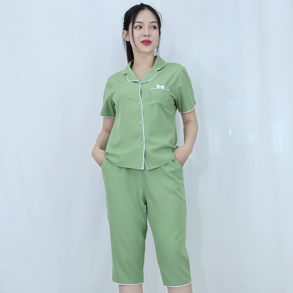 Bộ quần áo Pijama nữ XANH ĐẬU Ngắn Tay Quần Lửng vải  lụa cao cấp - Thoáng Mát Thoải Mái - Mặc là thích ngay !