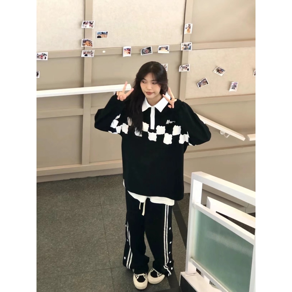 Áo Nỉ Nữ Dài Tay Cổ Bẻ Form Rộng Thời Trang Hàn Mới