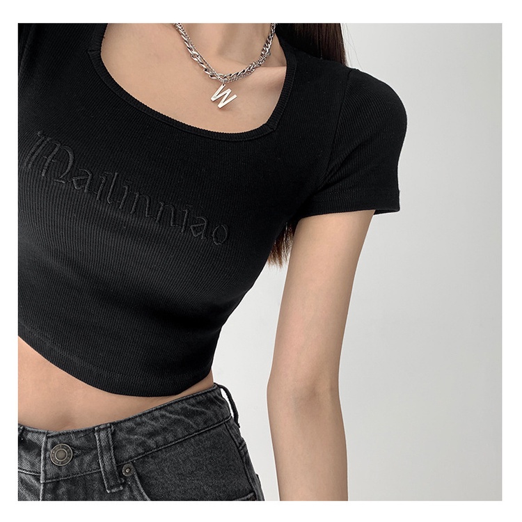 Áo Thun Crop Top Tay Ngắn Cổ Vuông Thêu Chữ Cho Nữ JL-TX-367