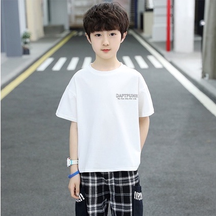 Đồ bộ bé trai CON XINH cotton phối quần caro in chữ DaftPunk,set quần đùi áo thun trẻ em từ 4 đến 10 tuổi