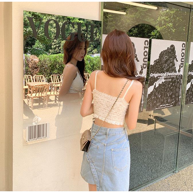 DUNEA Áo hai dây cổ chữ V phối ren thời trang cho nữ