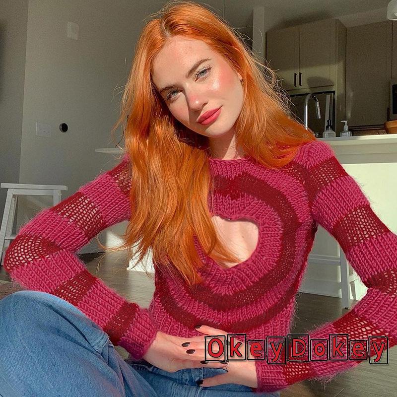 Áo sweater dệt kim tay dài cổ tròn họa tiết kẻ sọc thời trang cho nữ