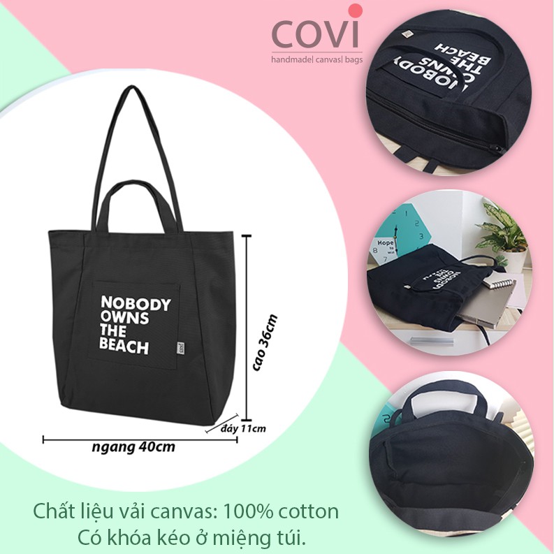 Túi tote vải canvas to phom đứng in chữ NOBODY thời trang COVI nhiều màu sắc T18