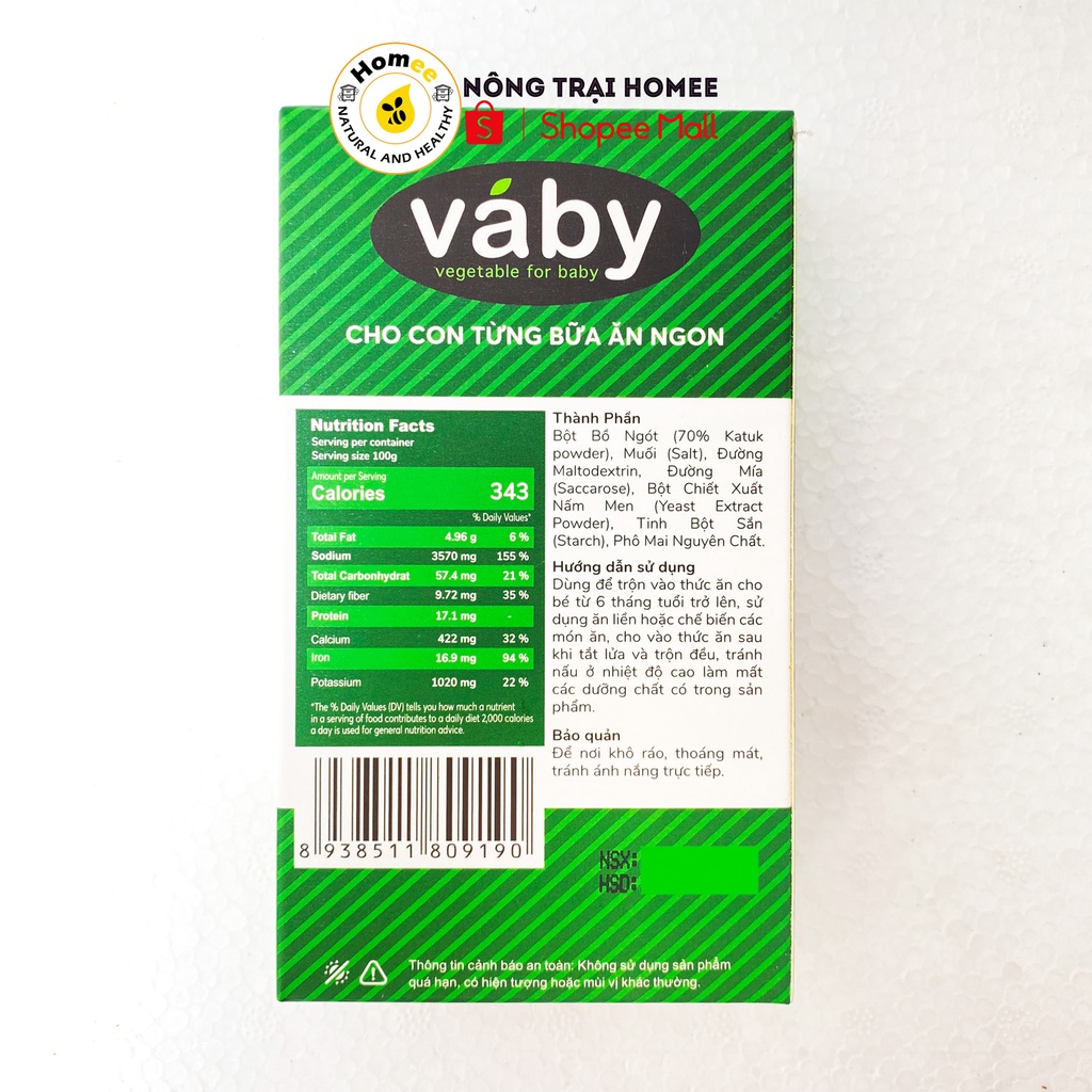 Bột nêm Rau Bồ Ngót &amp; Phô Mai dành cho bé ăn dặm VABY Hộp 48g (6 x gói 8g) - Gia vị nêm và rắc dành cho bé từ 6 tháng