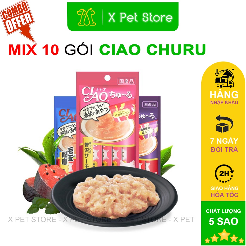 Súp Ciao Churu,COMBO 10 GÓI, Súp Thưởng Cho Mèo, Mix Vị