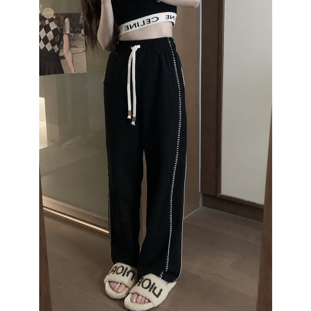 Quần Dài Thể Thao Lưng Cao Ống Đứng Màu Đen Phối Dây Rút Phong Cách Hàn Quốc Thời Trang Cho Nữ