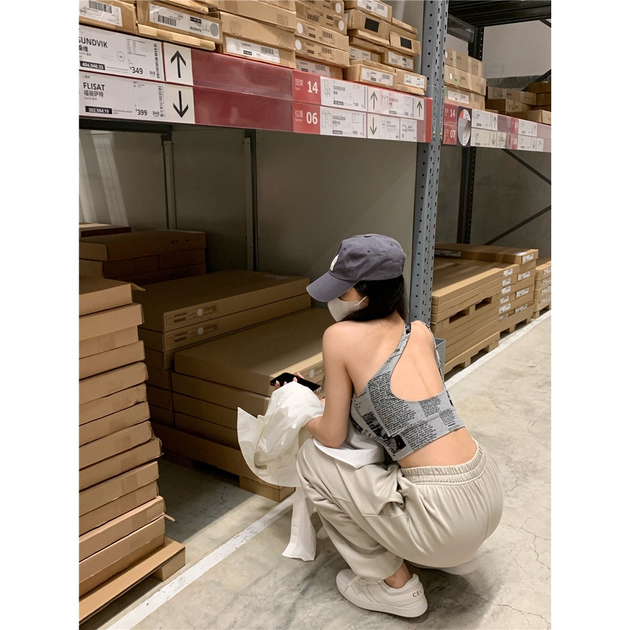 Cocory vn Áo Hai Dây Croptop In Họa Tiết Tờ Báo Thời Trang Quyến Rũ Cho Nữ