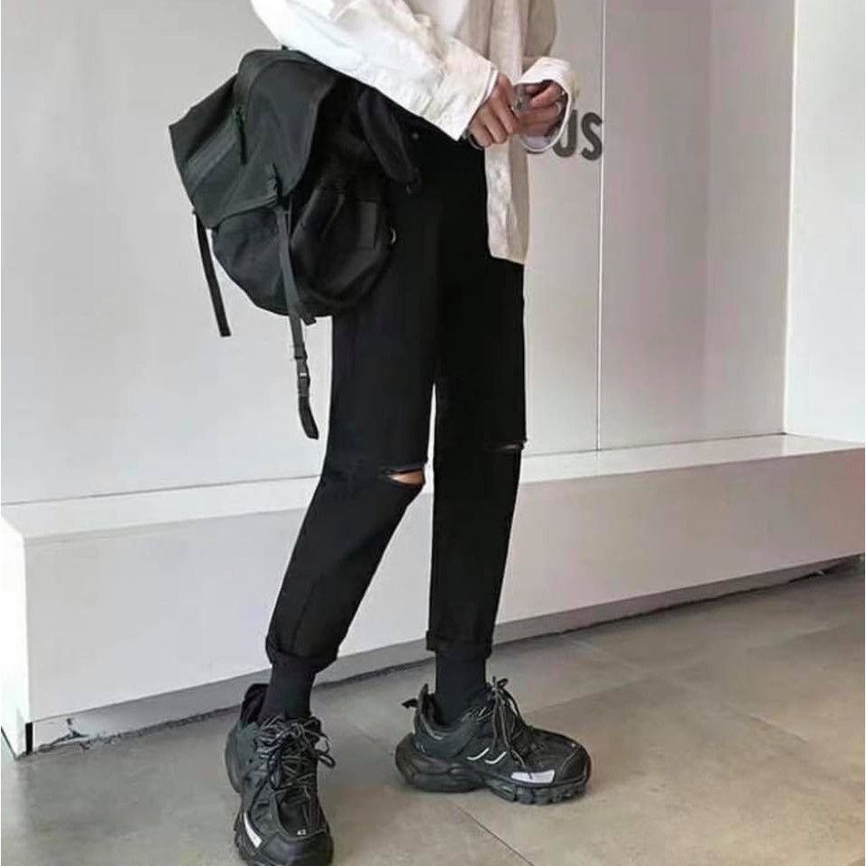 Quần jeans rách gối đen - Gin store