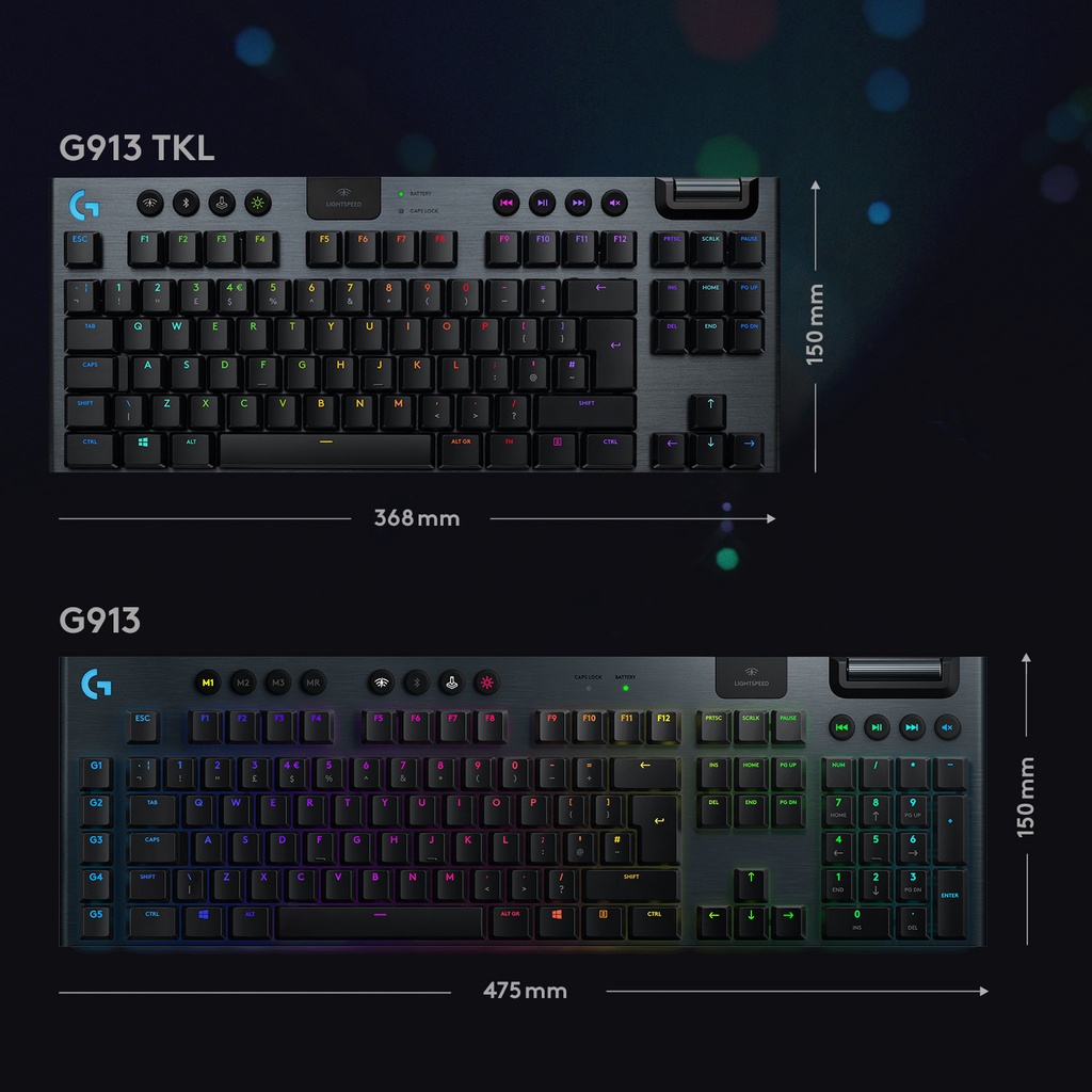 Bàn phím game cơ học không dây RGB Lightspeed/Bluetooth Logitech G913 TKL - Không phím số, 3 loại switch cấu hình thấp