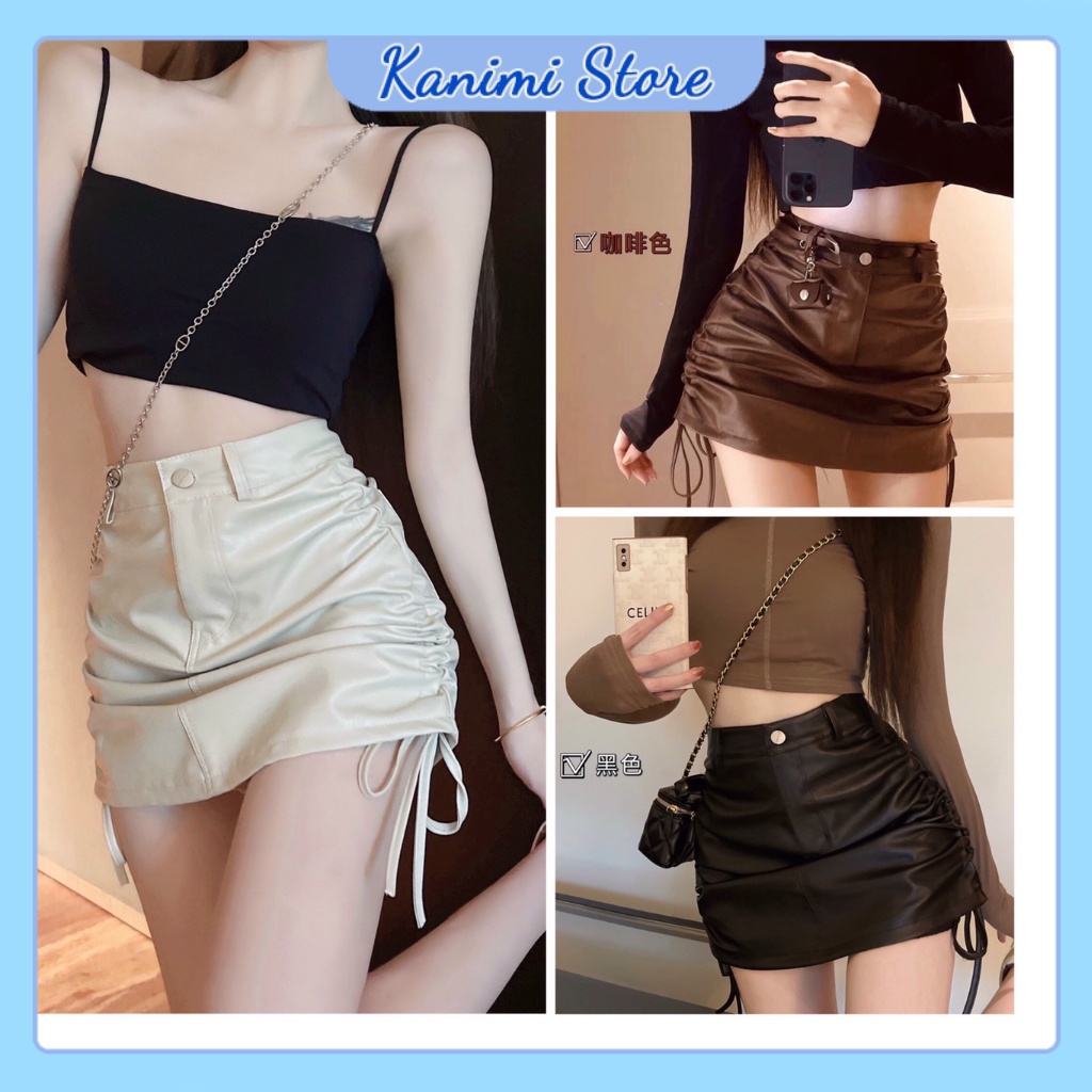 Chân váy da rút dây 2 bên có quần trong chống lộ, chân váy ngắn cá tính Kanimi | BigBuy360 - bigbuy360.vn