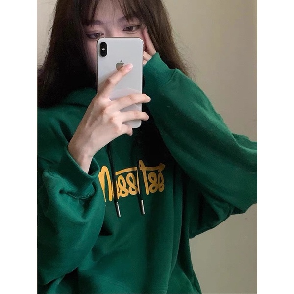 Áo Hoodie Nỉ Bông Unisex Xanh Rêu Chữ Xinh Xắn