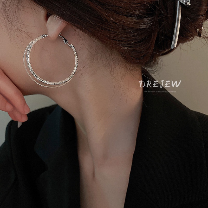 Khuyên tai DREJEW 2 hai lớp đính kim cương giả màu bạc thời trang dễ phối đồ phong cách cá tính