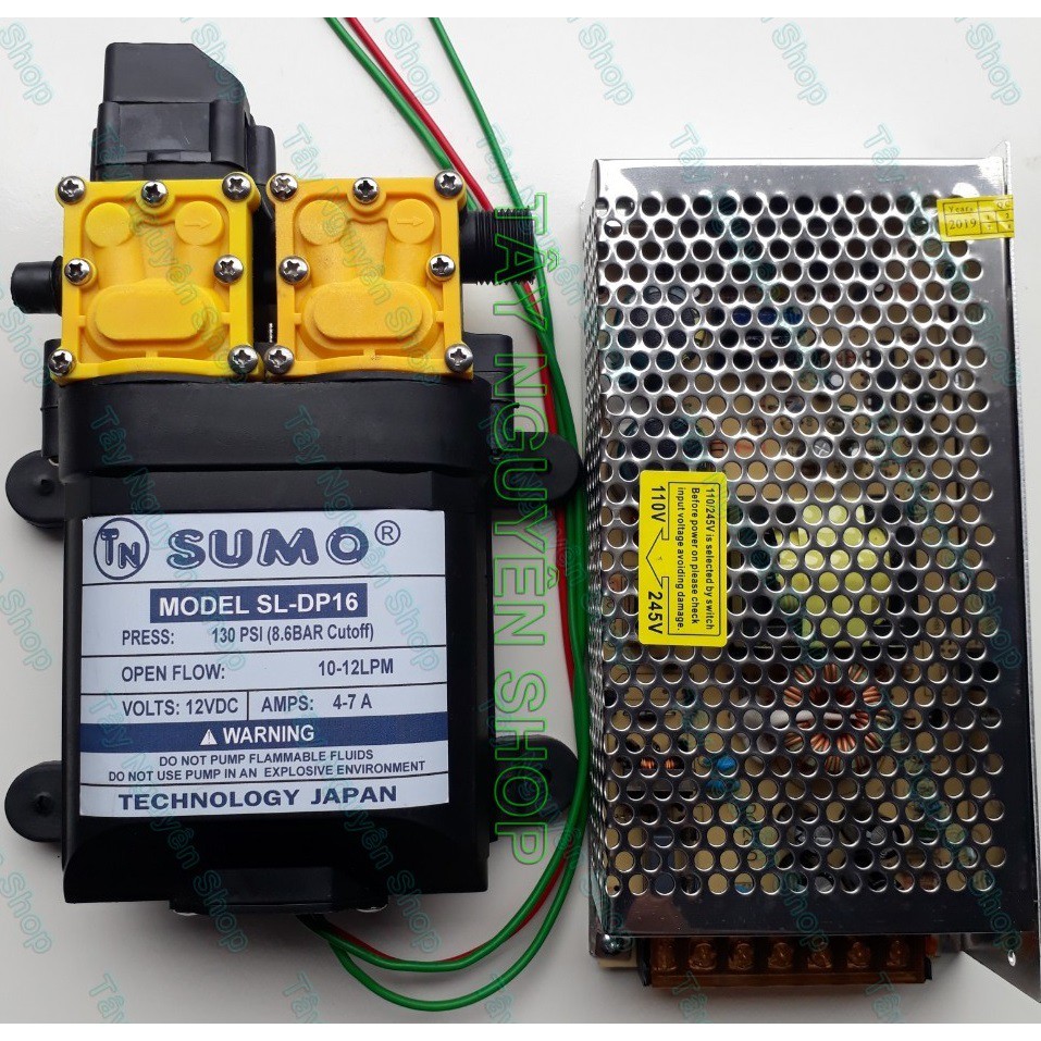 Bộ Máy bơm đôi SUMO mẫu mới 2020 và nguồn TỔ ÔNG 12v 10A - Bơm Phun Sương - Bơm Tăng áp