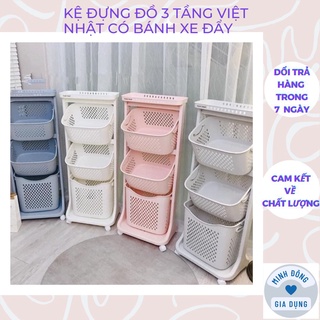 Kệ đựng đồ 3 tầng đa năng, Rổ đựng quần áo 3 tầng có bánh xe nhựa Việt Nhật
