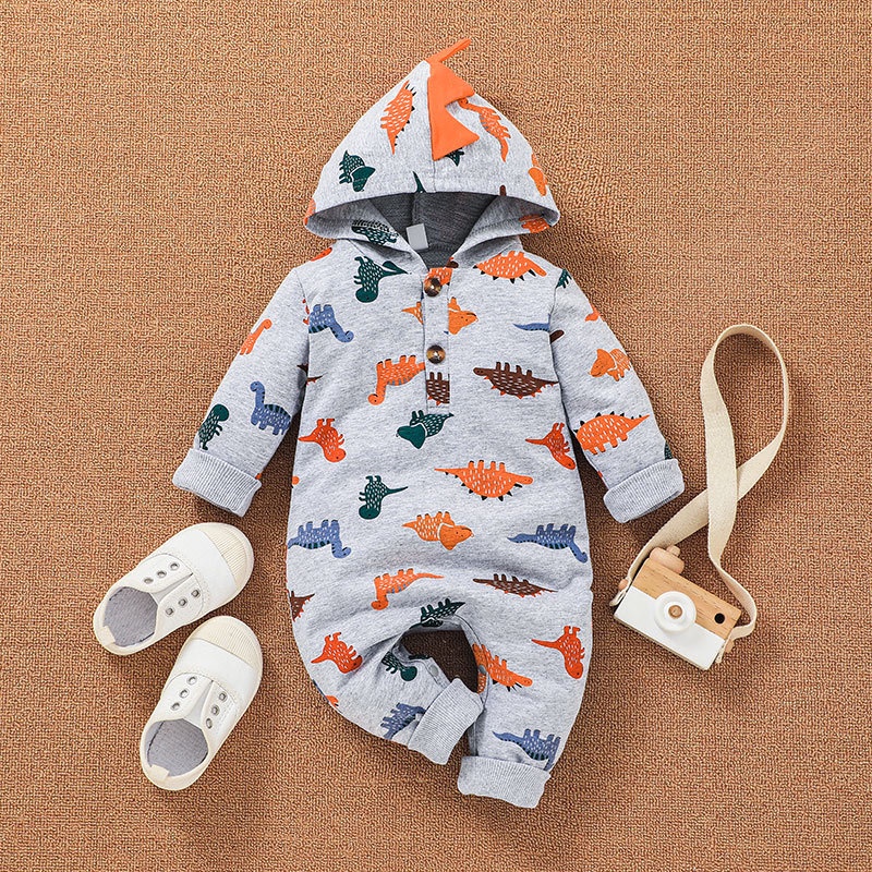 Body Tay Dài In Hình Khủng Long Hoạt Hình Cho Bé Trai Sơ Sinh 0-24 Tháng,Bodysuit Liền Thân Áo Liền Quần Cho Bé