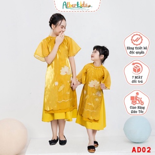Áo dài tết cách tân vàng thêu hoa sen phối chân váy ALBERKIDS cho mẹ và bé gái cho trẻ em 4,5,6,7,8,9,10,11,12,13,14