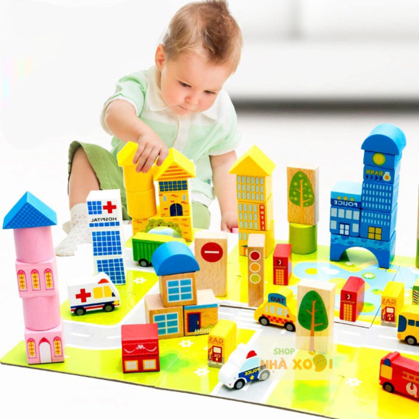 Đồ chơi gỗ lắp ghép mô hình thành phố trong mơ, gỗ nổi 3D 62 chi tiết có tranh ghép nền, shop nhà xoài