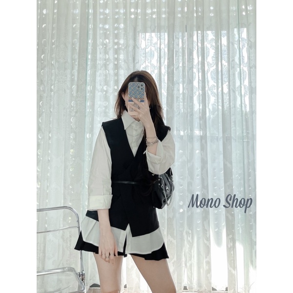 set sơ mi trắng form to kèm áo ghile đen và nịt (Ảnh thật/ sẵn )