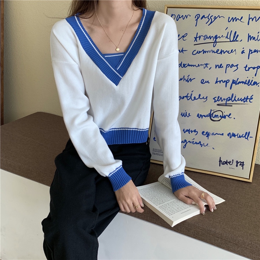 SUXI Áo sweater cổ chữ V thiết kế mới thời trang mùa thu theo phong cách hàn quốc cho nữ