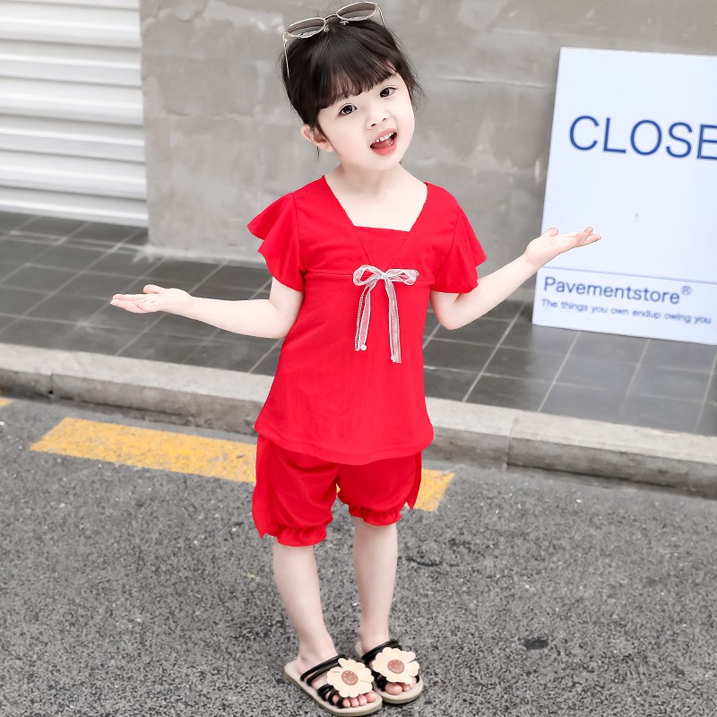 🔥🔥 FLASH SALE 🔥🔥 - Bộ cộc tay bé gái nhún bèo nơ ngực siêu xinh điệu đà. Cotton co giãn, thoáng mát mùa hè - HG036