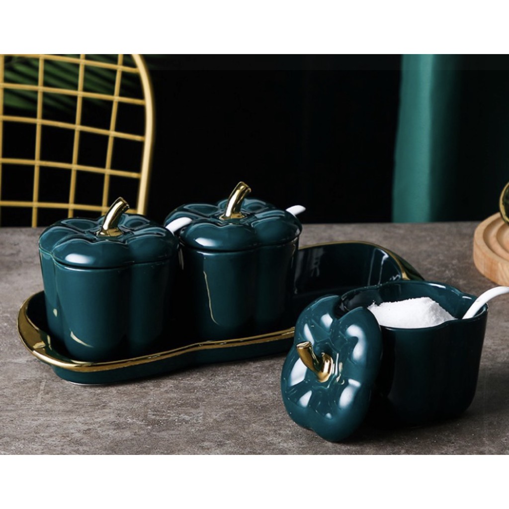 Bộ 3 hũ gia vị bằng sứ hình trái cây viền gold cao cấp