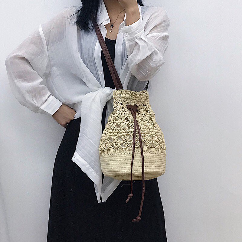 Túi cói Bucket Hồ lô dây rút - phong cách Boho