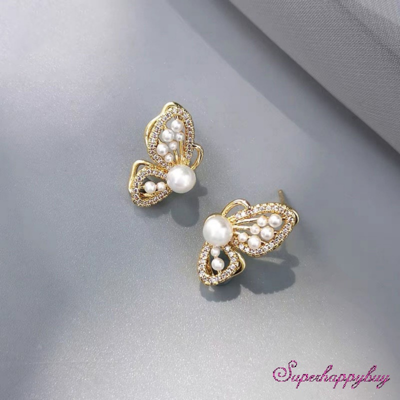 Bông Tai Mạ Bạc Hình Bướm Đính Ngọc Trai Đơn Giản Chất Lượng Cao